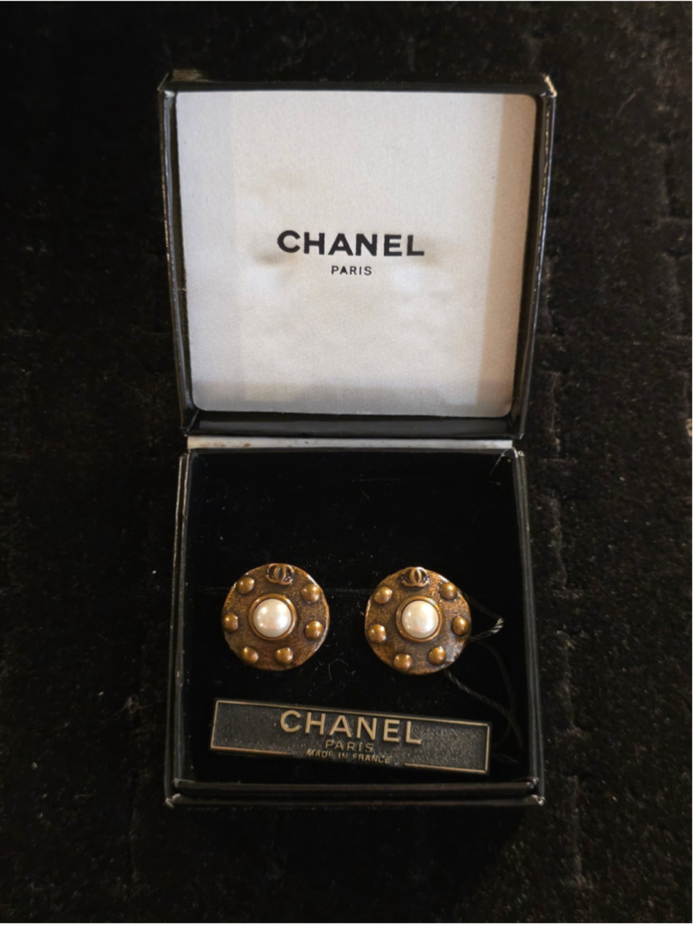 Authentic Vintage Chanel 97A Antiqued Gold CC & Faux Pearl Stud Earrings
